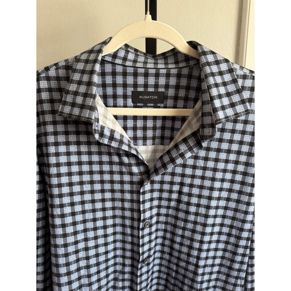 Bugatchi Button Down Shirt 8 Way Stretch Blue Black White Check Long Sleeve XXL